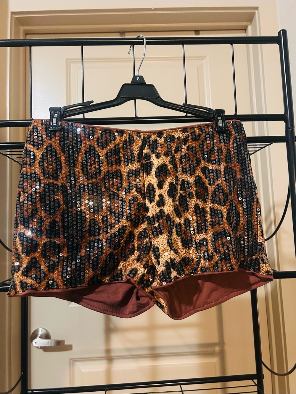 Fashion Nova Sequin Leopard Athletic Shorts in Brown and Black